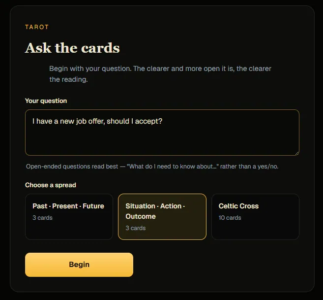 Tarot question + spread picker
